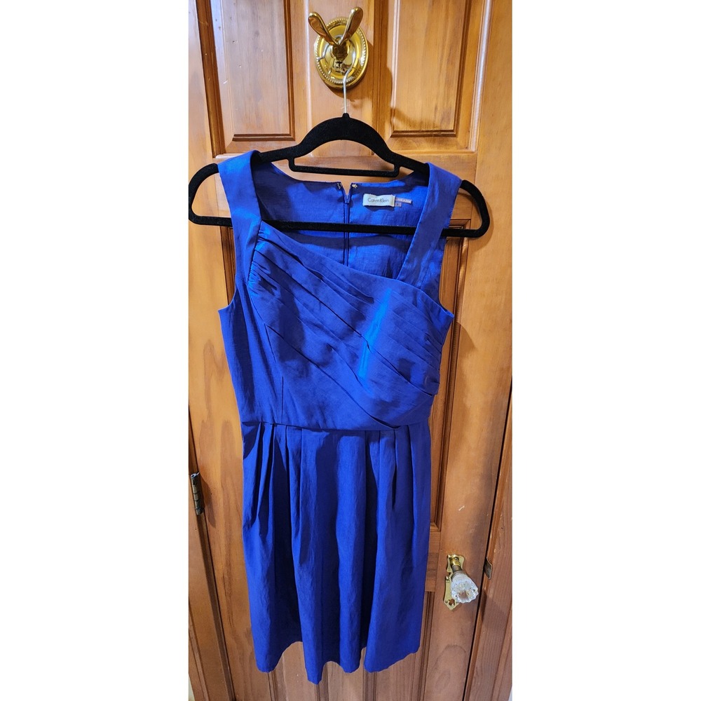Calvin Klein Royal Blue Sleeveless Pleated Cocktail Dress Square Neck Size 6